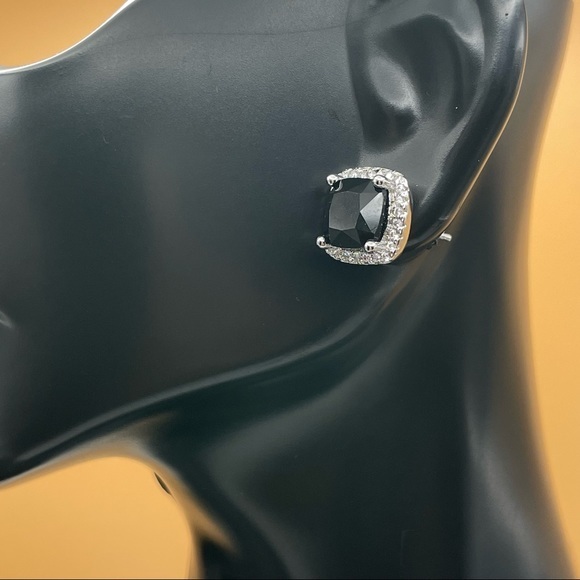 925 Sterling Silver Cushion Cut Black Onyx Diamond Halo Elegant Stud Earrings - Picture 12 of 15